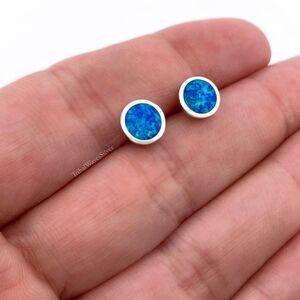 8mm Round Sterling Silver 925 Blue Lab Opal Earring Studs, USA Seller